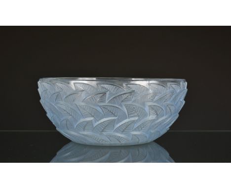 A Rene Lalique opalescent and frosted glass 'Ormeaux' pattern bowl blue stained glass, the outside moulded with overlapping l