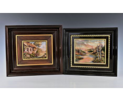 Two Limoges enamel plaques 20th century, enamel over convex copper, the first by Master Atelier R Bonhomme, depicting a river