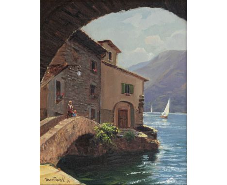 Martinelli (Italian, 20th century) 'Ponte di Nesso', Lake Como, Italy   oil on board, signed lower left, further signed, insc