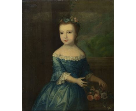 English School, 18th century Portrait of a young girl, three quarter length, standing beside a window, holding a posy, in a b