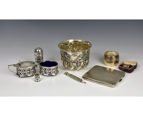 A collection of silver smalls comprising a Victorian repousse sugar basin/bowl, James Wakely &amp; Frank Clarke Wheeler, Lond