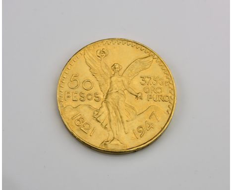 A 1947 Mexico Gold 50 Pesos coin 900 fineness, weighing 41.8 grams, the Mexican 50 Pesos is a large and very interesting gold