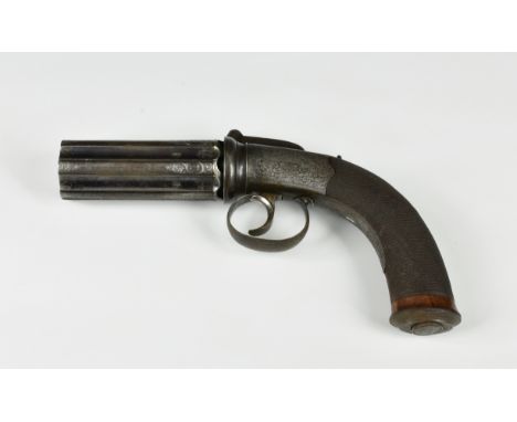 A 54 bore 6-shot percussion pepperbox revolver by Westley Richards mid-19th century, finely chequered grip with cap box to bu