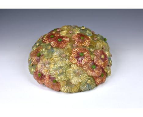 An Art Deco Murano glass flower ceiling light the basket with attached Murano glass moulded flower heads in pinks, blues and 