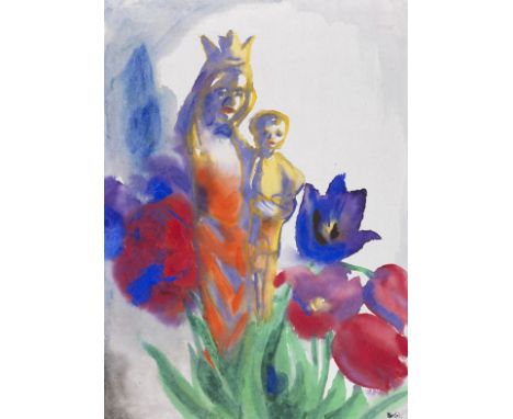 Emil Nolde  - - 1867 Nolde/Nordschleswig - 1956 Seebüll/Schleswig-Holstein Madonnenfigur mit Kind und Tulpen. Um 1935/1940. A