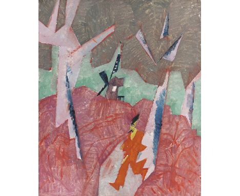 Lyonel Feininger  - - 1871 New York - 1956 New York Der junge Mann aus dem Dorfe / Mill with Red Man. 1917. Öl auf Leinwand. 