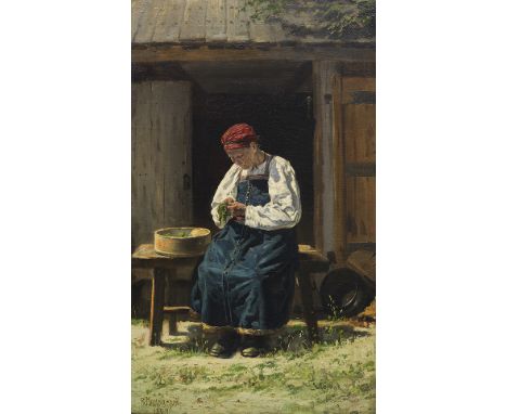 Vladimir Egorovitch Makovskij  - - 1846 Moskau - 1920 St. Petersburg Russische Bäuerin bei der Arbeit. 1874. Öl auf Leinwand.