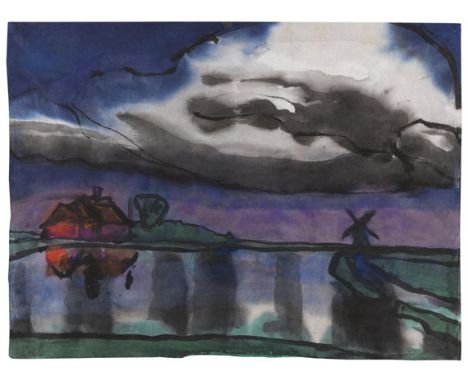 Emil Nolde  - - 1867 Nolde/Nordschleswig - 1956 Seebüll/Schleswig-Holstein Friesisches Bauernhaus und Windmühle. Um 1920. Aqu
