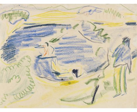 Ernst Ludwig Kirchner  - - 1880 Aschaffenburg - 1938 Davos Badende (Badende im Teich). Um 1909. Farbige Kreidezeichnung. Vers