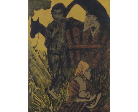 Otto Mueller  - - 1874 Liebau/Riesengebirge - 1930 Obernigk bei Breslau Zigeunerfamilie am Planwagen. 1926/27. Farblithografi
