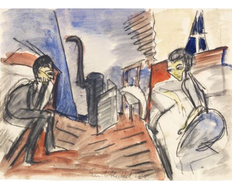 Erich Heckel  - - 1883 Döbeln/Sachsen - 1970 Radolfzell/Bodensee Im Gespräch. 1912. Aquarell über Kohle. Unten mittig signier