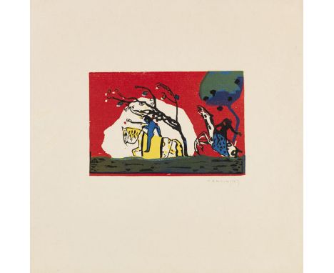 Wassily Kandinsky  - - 1866 Moskau - 1944 Neuilly-sur-Seine Zwei Reiter vor Rot (aus: Klänge). 1911. Farbholzschnitt. Roethel