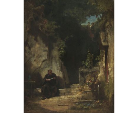 Carl Spitzweg  - - 1808 München - 1885 München Einsiedler mit Mädchen. Um 1870. Öl auf Holz. Wichmann 831. Verso mit dem Nach