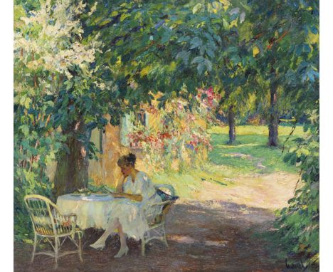 Edward Cucuel  - - 1875 San Francisco - 1954 Pasadena Sommer im Garten der Künstlervilla am Starnberger See. Um 1920. Öl auf 