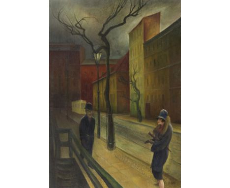 Albert Birkle  - - 1900 Berlin - 1986 Salzburg Begegnung in der Abenddämmerung. 1926. Öl auf festem Malkarton. Rechts unten s