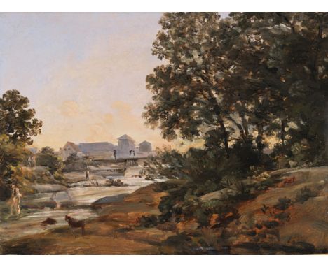 Johann Georg von Dillis  - - 1759 Gmain - 1841 München Praterinsel mit Isarbett, München. Um 1820. Öl auf Papier, kaschiert a