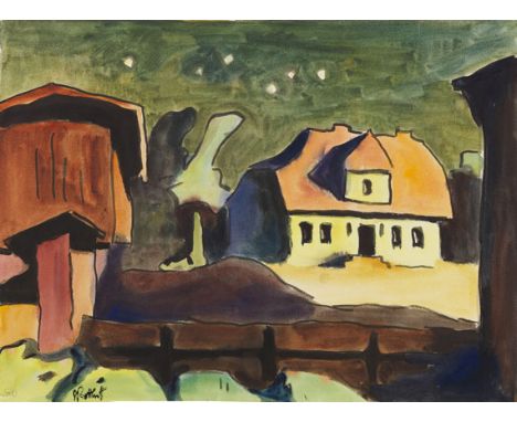 Karl Schmidt-Rottluff  - - 1884 Rottluff bei Chemnitz - 1976 Berlin Gutshof im Mondlicht. 1934. Aquarell und Gouache. Links u