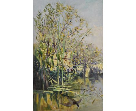 Karl Hagemeister  - - 1848 Werder a. d. Havel - 1933 Werder a. d. Havel Seeufer mit auffliegender Stockente. 1888. Öl auf Lei
