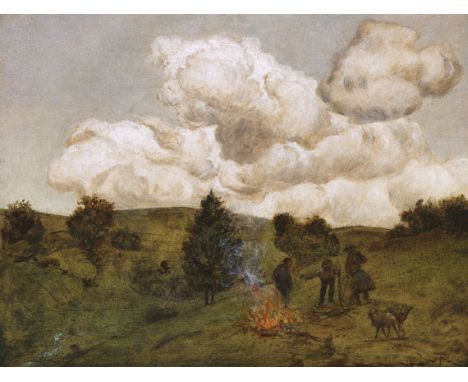 Hans Thoma  - - 1839 Bernau - 1924 Karlsruhe Herbstfeuer. Um 1880. Öl über Tusche auf Karton. Rechts unten monogrammiert. Ver
