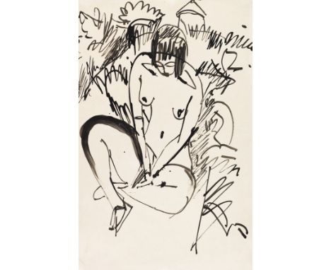 Ernst Ludwig Kirchner  - - 1880 Aschaffenburg - 1938 Davos Sitzende in Dünen - Fehmarn. 1912. Tuschpinselzeichnung. Verso mit