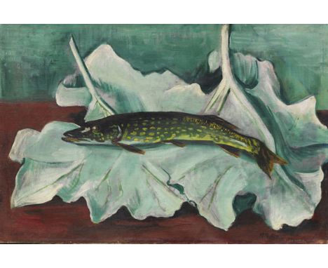 Hermann Max Pechstein  - - 1881 Zwickau - 1955 Berlin Hecht auf Blättern. 1923. Öl auf Leinwand. Soika 1923/11. Rechts unten 