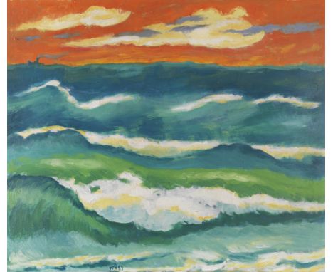 Hermann Max Pechstein  - - 1881 Zwickau - 1955 Berlin Stürmische See Abends. 1953. Öl auf Malpappe. Soika 1953/2. Unten mitti