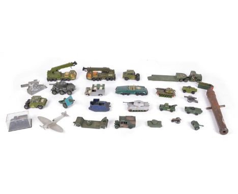 Military themed diecast vehicles and toys to include a Matchbox Superkings K-12 Hercules Mobile Crane x2, Dinky Armoured Comm