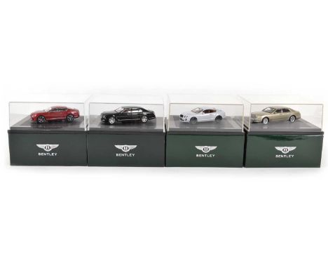 Four Minichamps 1:43 Scale Bentleys with perspex cover. Continental GT V8 2011 Dragon Red (BL935), Continental Supersports 20