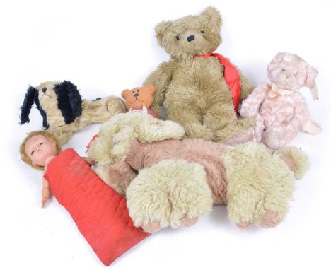 A group of 6 teddy bears and plush toys to include two mohair pyjama cases in the form of a poodle and a Farnell Alpha Toy te