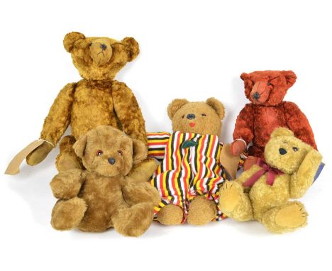 Five teddy bears to include a musical teddy bear with a functioning music box in striped pyjamas, two German teddy bears in t