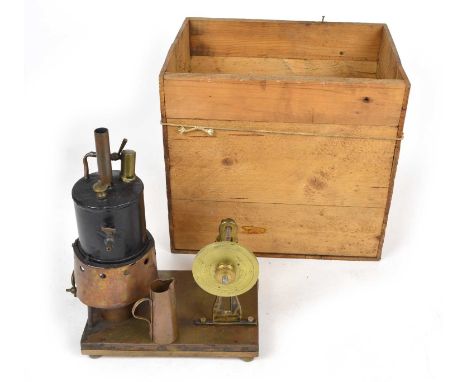 Hand built steam engine with a wooden crate and copper jug. 21 cm wide, 14cm deep, 28cm high.