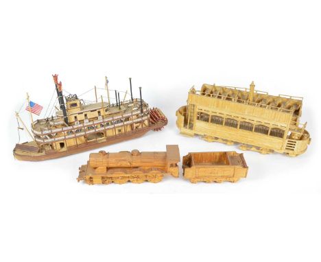 Three matchstick models of an open-top tram, steam engine locomotive and tender and an American steamboat/Riverboat.Qty: 3Con
