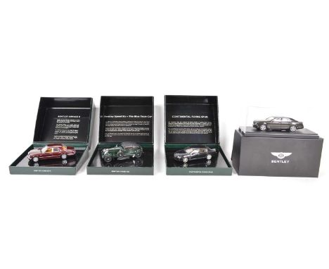 Four 1:43 Scale Bentley model cars. Minichamps Continental Flying Spur (BL461), Bentley speed six - the Blue Train Car (BL465