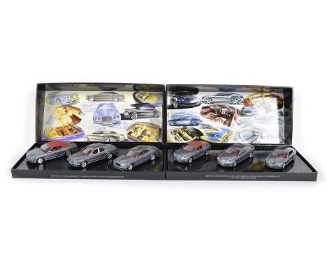 Two Limited Edition Minichamps 1:43 three-car sets. The first box is a Limited Designer Edition, Styling Silver (345/500) set