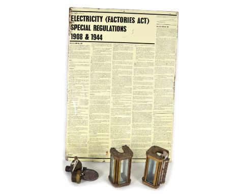 Two glass and brass steam engine water level gauge covers (height 15cm), a valve and nut together with a tag for BR LMR Apple