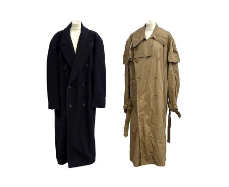 Two vintage designer gentleman's full-length overcoats by Hugo Boss and Giorgio Armani. The Hugo Boss navy blue woolen double