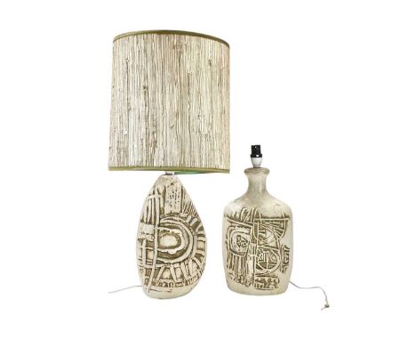 Two Tremaen Pottery Newlyn lamp bases. Designed by Peter Ellery, circa 1970s, a Mayon scraffito sculptural lamp base, with Tr