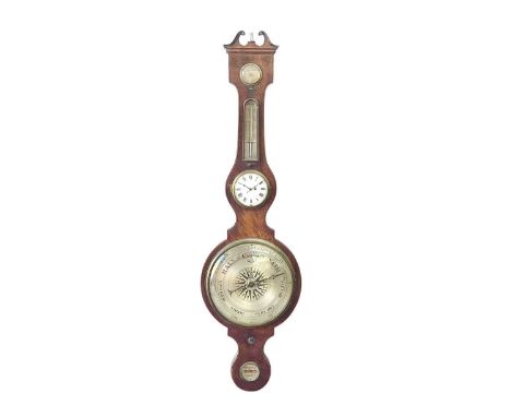 A Regency mahogany combined wheel barometer/timepiece. Circa 1810, with a swan neck pediment, enamelled timepiece dial, the r