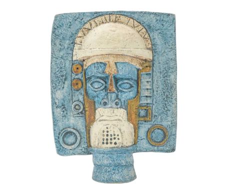 A Troika pottery 'Aztec Mask'. Blue ground with cream, white and brown decoration. Inscribed 'Troika Cornwall' and with Avril