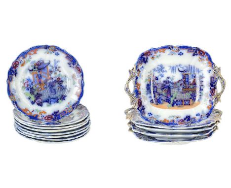 Prattware transfer printed plates and dishes. Circa 1840, Mandarin design number 11, marked F &amp; RP &amp; Co, eight circul