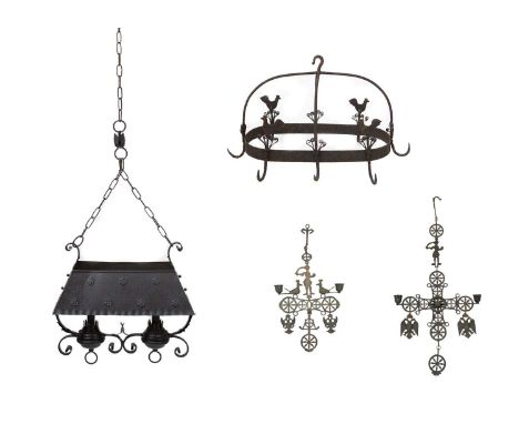 A wrought iron utensil or game hanger. With cockerel mounts, length 58cm, together with a wrought iron hanging candle lamp ho