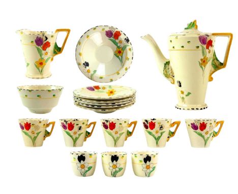 A 1930s Art Deco Burleigh Pottery 'Zenith' shape coffee set in the 'Fragrance' pattern. Comprising coffee pot, milk/cream jug