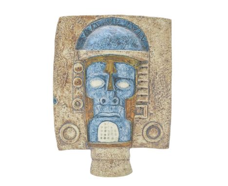A Troika pottery 'Aztec Mask' Cream/brown ground with blue decoration. Inscribed 'Troika' and initialled 'PB' (Penny Black) t