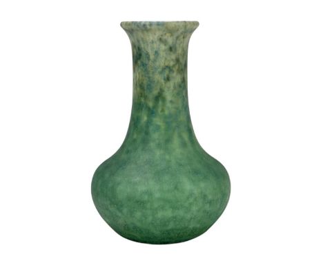 A Ruskin pottery crystaline vase. With mottled green glazes, impressed mark and date 1932, height 15.5cm.