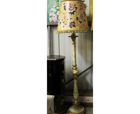 A floral hand painted wooden standard lamp and shade