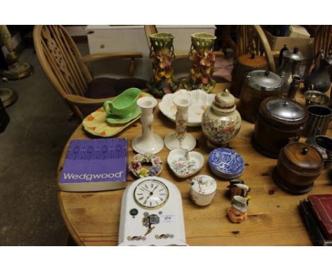 A pair of floral encrusted vases; an Aynsley Pembroke pattered dish; a porcelain cased mantel clock etc.