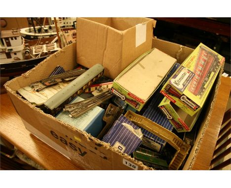 Box of model Hornby Dublo train track, carriages etc.