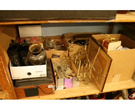 Shelf of assorted Ringtons, record player etc.