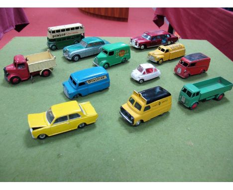 Eleven Original Dinky and Corgi Diecast Vehicles, including #454 Trojan Van "Cydrax" in fair condition, #128 Mercedes Benz 60