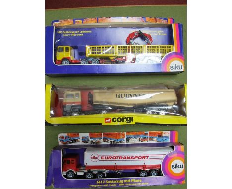 Three Boxed Diecast Commercial Vehicles, Corgi #1169 Ford tanker Guiness circa early 1980's, Siku #3415 lorry with crane, Sik